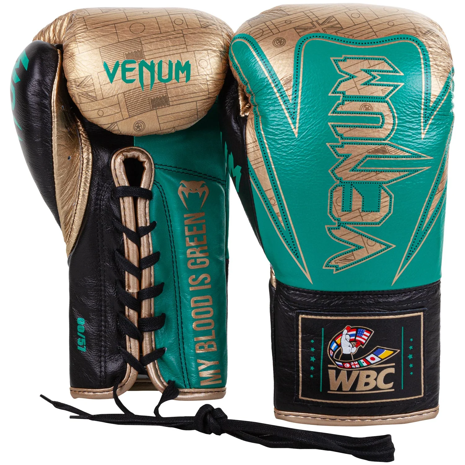 Venum HAMMER professionelle Boxhandschuhe - WBC limitierte Auflage - MIT SCHNÜRUNG - Metallicgrün/Gold - Image 3